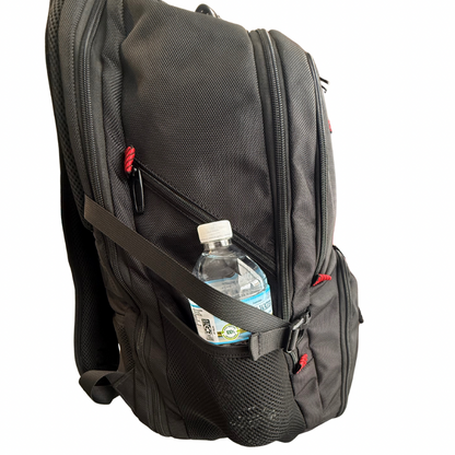 mesh side pockets on Fly Out Day Backpack holding water bottle