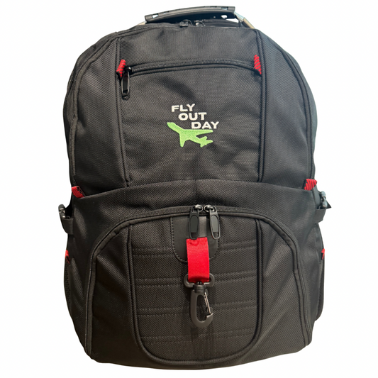 Fly Out Day 50L FIFO backpack with red accents and  logo