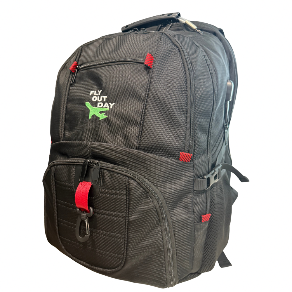 Black backpack with red accents and a visible brand logo on a white background