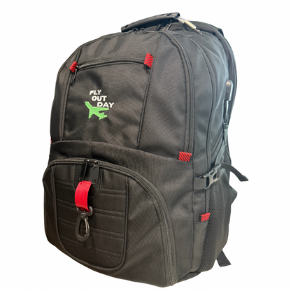 Black backpack with red accents and a visible brand logo on a white background